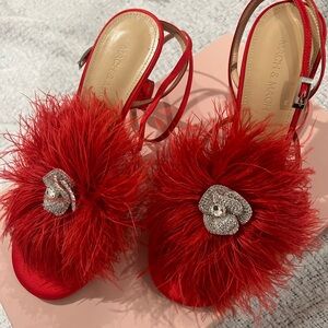 Mach & Mach feather trimmed satin sandal in red